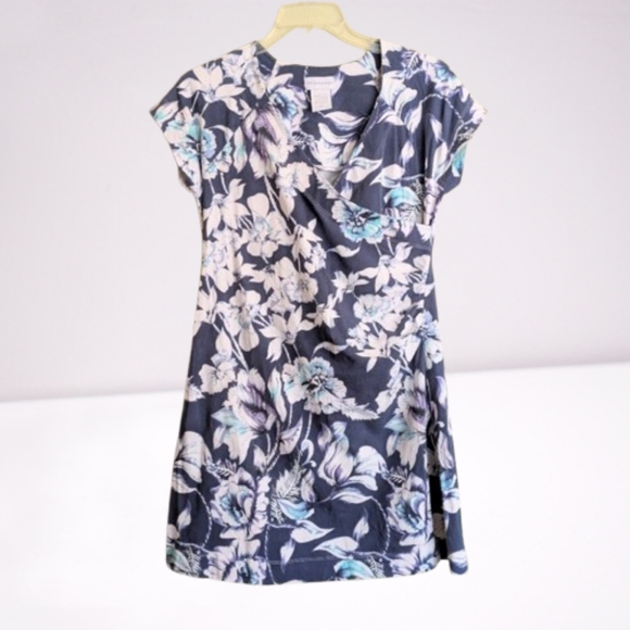 Soft Surroundings Tropical Hibiscus Faux Wrap Dress Blue White Cap Sleeves - Picture 1 of 11